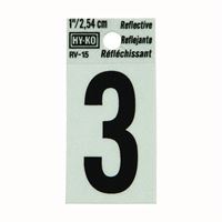 Hy-Ko RV-15/3 Reflective Sign, Character: 3, 1 in H Character, Black Character, Silver Background, Vinyl, Pack of 10 
