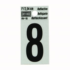 Hy-Ko RV-15/8 Reflective Sign, Character: 8, 1 in H Character, Black Character, Silver Background, Vinyl, Pack of 10