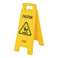 Rubbermaid FG611200 YEL Floor Sign, 11 in W, 25 in H, Yellow Background, Caution, English, French, Spanish 
