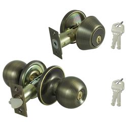 ProSource B38B1-PS Deadbolt and Entry Lockset, Turnbutton Lock, Saturn Design, Antique Brass, 3 Grade, Brass, Pack of 2 