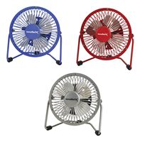 PowerZone FE-20 Personal Fan, 120 VAC, 4 in Dia Blade, 4 -Blade, 1 -Speed, 360 deg Rotating, Blue/Red/Silver 